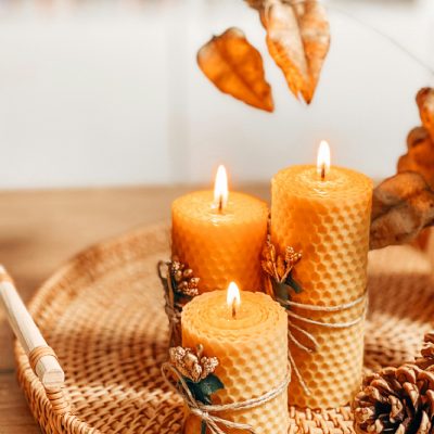 Three candles made from beeswax, showing a honeycomb pattern on the outside. The candles are lit and tied with string and a dried flower on the front of each. The background is a raffia tray with some autumn leaves and fir cones for decoration.